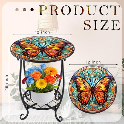 Cinnvoice Outdoor Side Table Round Small Mosaic Patio Accent Indoor End Plant - Image 3