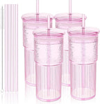 20oz Glass Cups with Lids and Straws - Set of 4 Reusable Tumblers, Thickened Shatter-Resistant Glass, Ideal for Iced Coffee, Smoothies, Cocktails, Juices - Elegant & Durable Drinkware (Pink)