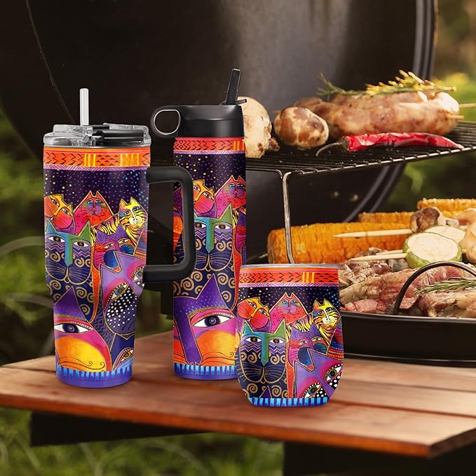 RainCaper 18/8 Stainless Steel Insulated Water Tumbler with Straw | 30oz, BPA-Free, Double Wall for Hot & Cold | Travel-Friendly, Cup Holder Ready (Laurel Burch Fantasticats)