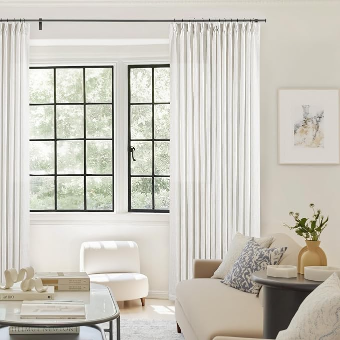 Beige White Pinch Pleated Linen Curtains 112 Inches Long 2 Panels | 400GSM - Image 8