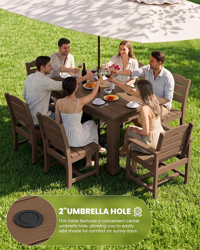 SERWALL HDPE Dining Set for 6: 1 Umbrella Hole Table, 4 Armless + 2 Armchairs. - Image 3