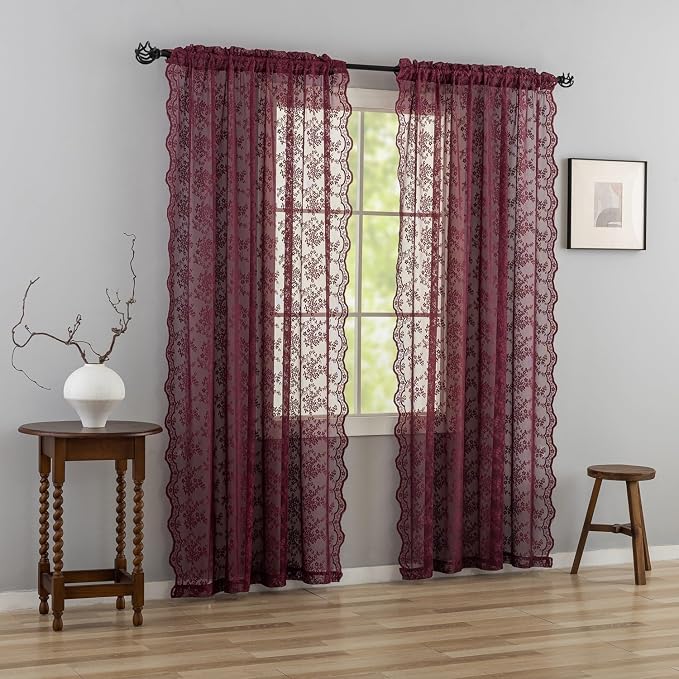 YJ YANJUN Vintage Lace Curtains 90 Inches Long-Victorian Floral Red Burgundy - Image 4