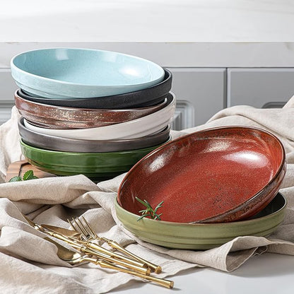 HAPPY KIT Stoneware Pasta Bowls, 9-inch, Set of 4, 42 oz, Reactive Glaze Large Salad Bowls, Scratch-Resistant Ceramic Serving Bowls, Four Colors