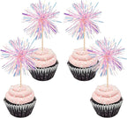 30 PCS Foil Firework Cupcake Toppers Happy Birthday Cupcake Toppers Sparkle Tinsel Flower Drink Stirrers Cocktail Fruit Toothpicks for Valentine's Day Baby Shower Party Cake Decor Supplies Pink