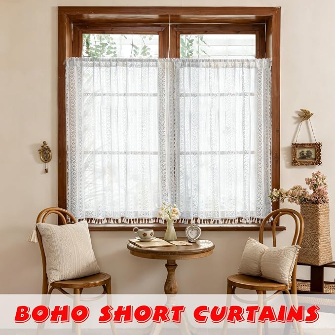 Sutuo Home White Boho Lace Curtains 45 Inches 2 Panels - Image 3