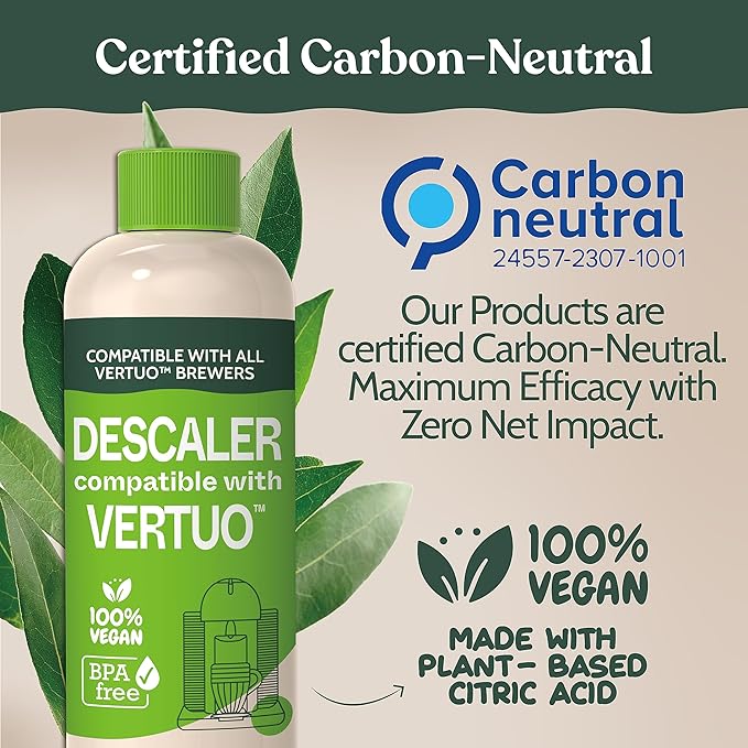Nespresso Compatible Vertuo Cleaning & Descaling Kit. Includes 1 Bottle of Descaling Solution, 6 Cleaning Tablets and 1 Reusable Pod. Carbon Neutral Vertuoline Maintenance Kit. 6 Month Supply.