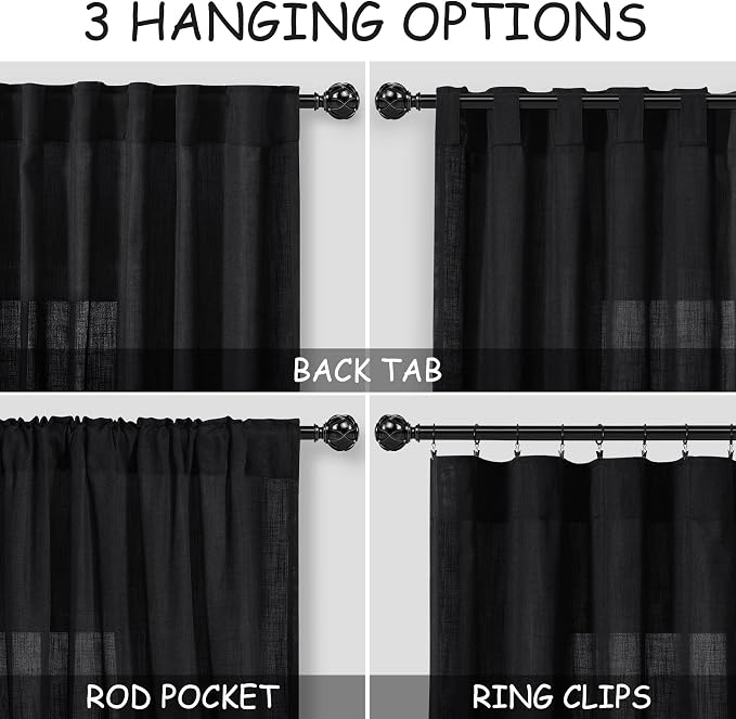 Solid Black Curtains 96 Inches Long 2 Panel Set Back Tab Sheer Black Linen - Image 4