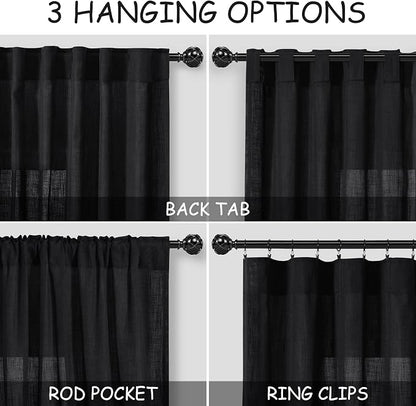 Solid Black Curtains 96 Inches Long 2 Panel Set Back Tab Sheer Black Linen - Image 4