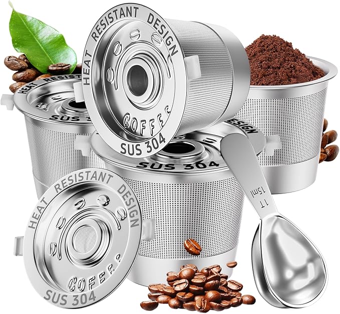 4 Pack Reusable K Cups Coffee Pods for Keurig 1.0: Stainless Steel Refillable K Cups - Reusable Coffee Filters for Keurig Coffee Machine, BPA-Free, SUS 304‌, Scoop, Heat Resistant Handles