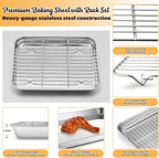 E-far Small Metal Toaster Oven Tray with Rack Set, 9.4”x7.3” Baking Sheet Broiling Pan with Stainless Steel Wire Cooling Rack, Non-Toxic Compact Bakeware for Toaster Oven - Dishwasher Safe