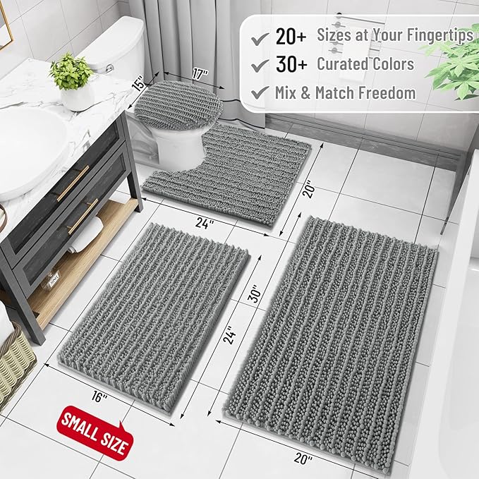 Arotive Luxury Chenille Bathroom Rug Mat, Extra Soft Thick Absorbent Shaggy Bath Rugs, Non-Slip Machine Wash Dry, Plush Bath Mats for Bathroom, Shower and Tub, 40x32, Grey