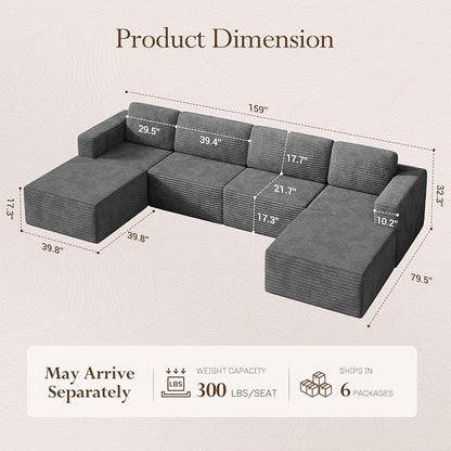 Vesgantti 159" Large Modular Sectional Sofa, U-Shaped Corduroy Cloud Couch - Image 2