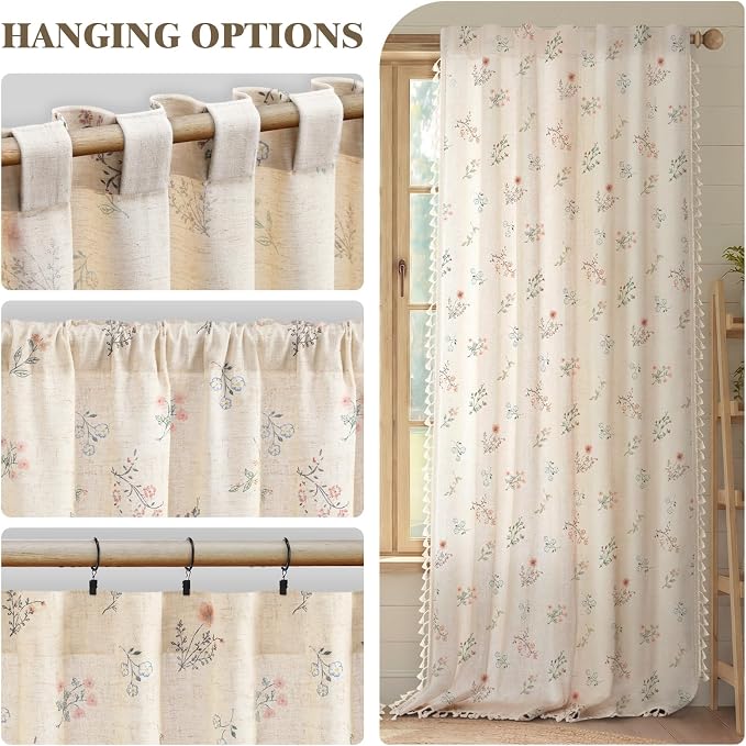 Boho Floral Light Filtering Curtains 90 Inch 2 Panels Linen Texture | Farmhouse - Image 6