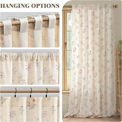 Boho Floral Light Filtering Curtains 63 Inch 2 Panels Linen Texture | Farmhouse - Image 5