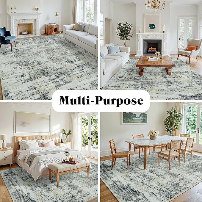 10x12 Washable Area Rug for Living Room Bedroom: Non-Slip Modern Black Gray | - Image 3