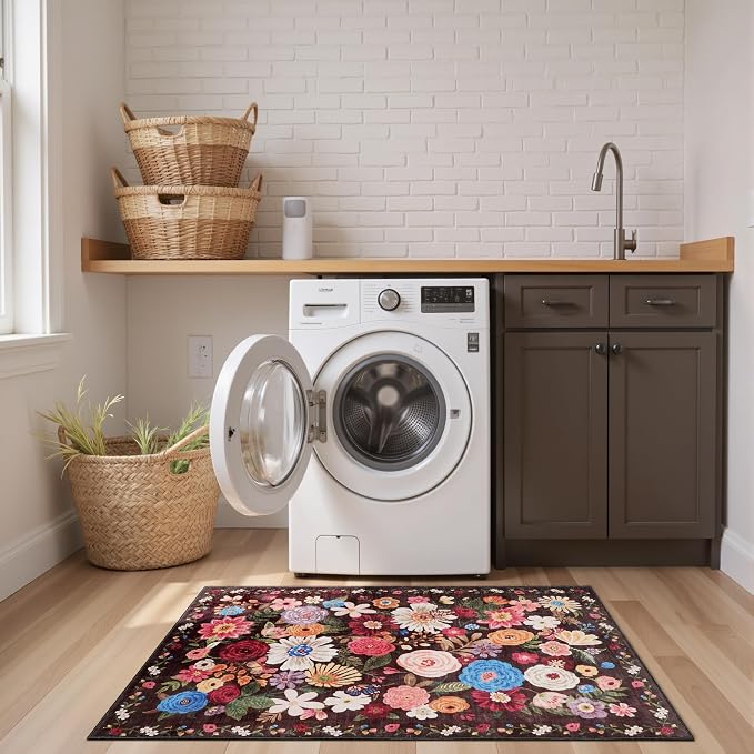 Floral Machine Washable Rug 3x5 Espresso | Non Slip Soft Bedroom Rug - Image 2