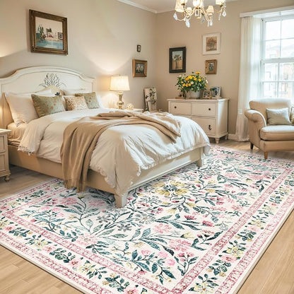 PLHXFR 8x10 Area Rug Living Room: Floral Washable Boho Carpet Pink Green | - Image 3