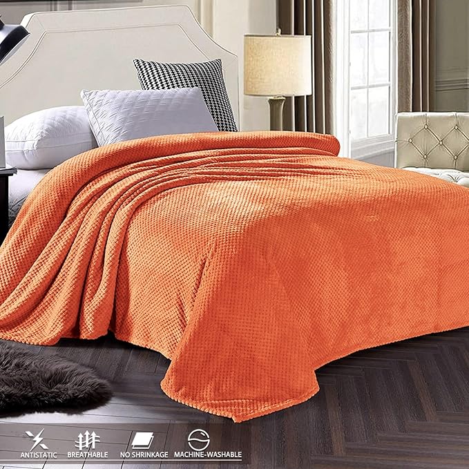 Exclusivo Mezcla Soft Waffle Fleece Bed Blanket Twin Size, Burnt Orange | - Image 3