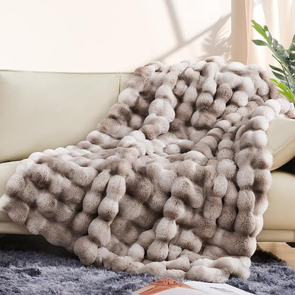 Luxury 1000GSM Faux Rabbit Fur Throw Blanket, Super Heavy Warm Cozy Brown - Image 3