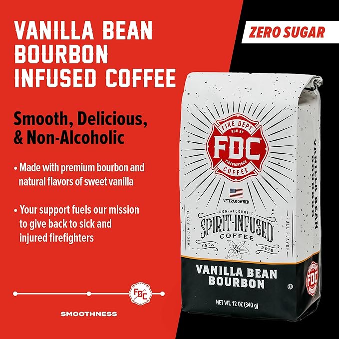 Fire Department Coffee - Vanilla Bourbon Coffee - Gives Back to Firefighters - Vanilla Bean Bourbon Infused Ground - Non-Alcoholic - Roasted in the USA - Veteran Owned (12 oz, Pack of 2)