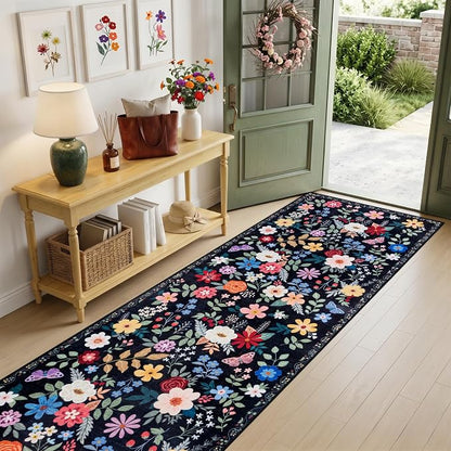 PLHXFR 3x10 Washable Runner Rug：Floral Indoor Kitchen Soft Carpet Black | - Image 2