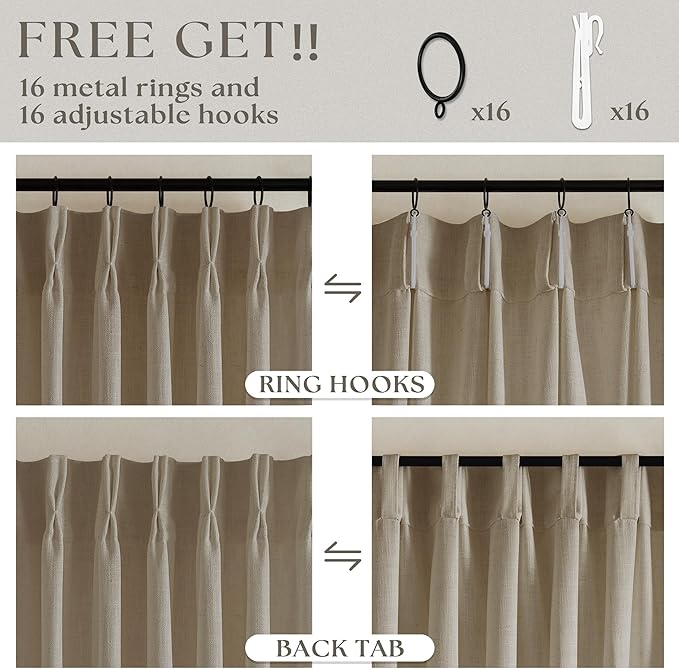 Textured Linen Pinch Pleated Curtains Tan Greige 84 Inches Long 2 Panels | - Image 5