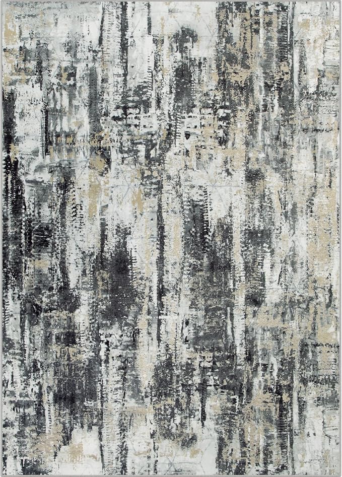 10x14 Area Rugs for Living Room: Washable Abstract Black Grey Gold Carpet | - Image 3