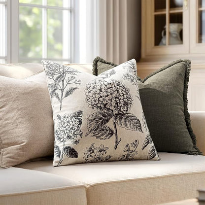 Set of 2 Decorative Floral Pillow Covers 22x22 Inch Black | Neutral Hydrangea - Image 3