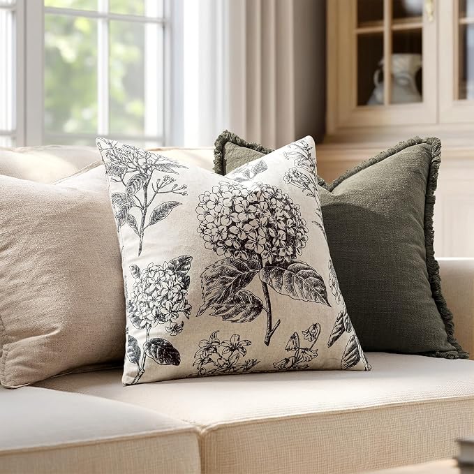 Set of 2 Decorative Floral Pillow Covers 20x20 Inch Black | Neutral Hydrangea - Image 3