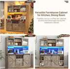 74" Tall 63" Wide Larg Bar Cabinet w/ Outlet,6000-color LED Light,Pegboard,Farmhouse Hutch Bar Cabinet w/Barn Door,2 Big Drawers,Adjustable Shelves,10 Wine & Glasses Rack,5 Hook for Kitchen,OAK
