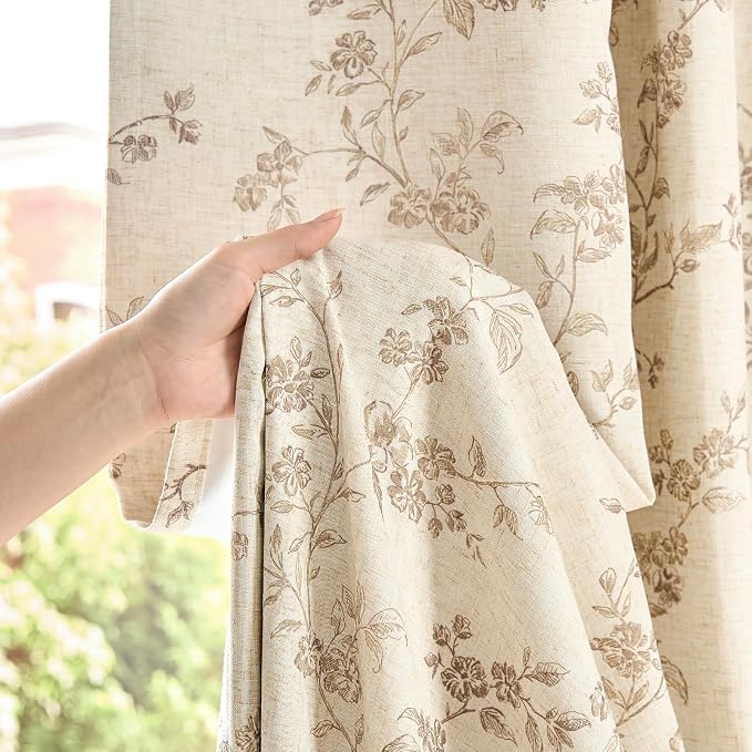 Blackout Vintage Floral Linen Curtains Taupe on Beige 50×84 2 Panels | Elisa - Image 3