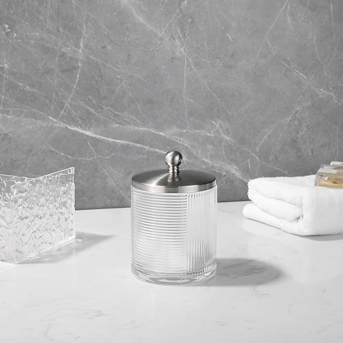 Glass Jar with Metal Lid for Bathroom Organization, Clear Apothecary Jar for Cotton Balls, Q Tips, and Small Accessories, Stylish Bathroom Storage Container Nickel, Clear