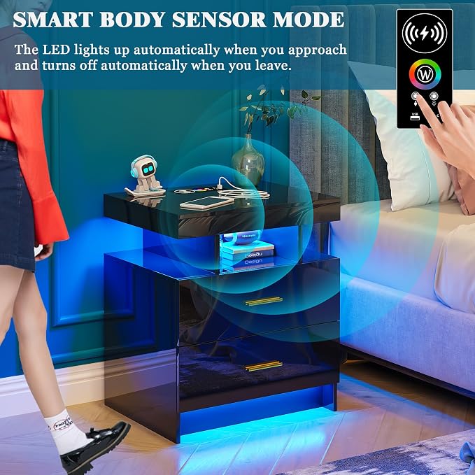 WOOVIVS Night Stand with Light, High Gloss Nightstand with USB/Wireless - Image 4