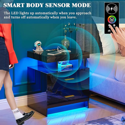 WOOVIVS Night Stand with Light, High Gloss Nightstand with USB/Wireless - Image 4