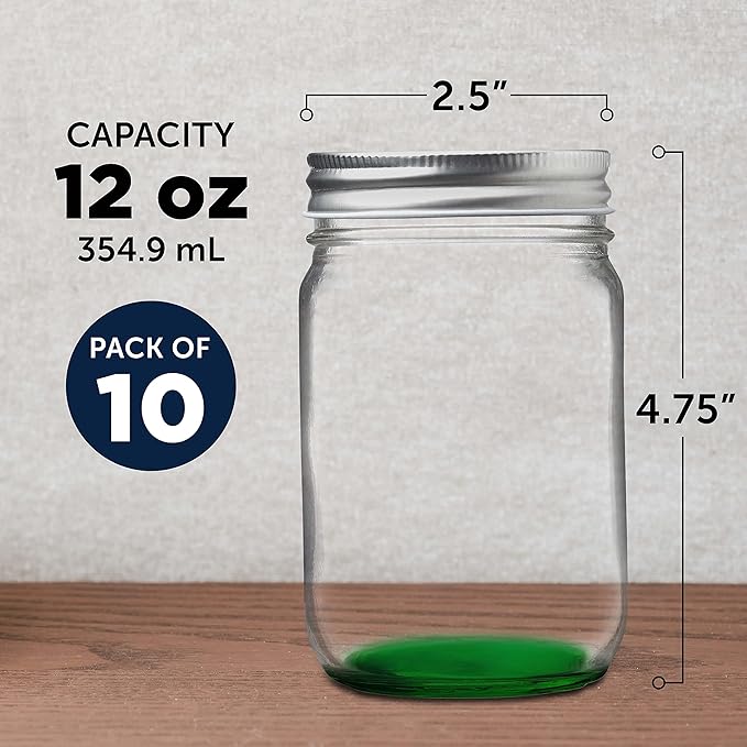 DISCOUNT PROMOS 10 Decorating Mason Jars Set, 12 oz. - Canning, Aluminum Lid - Green