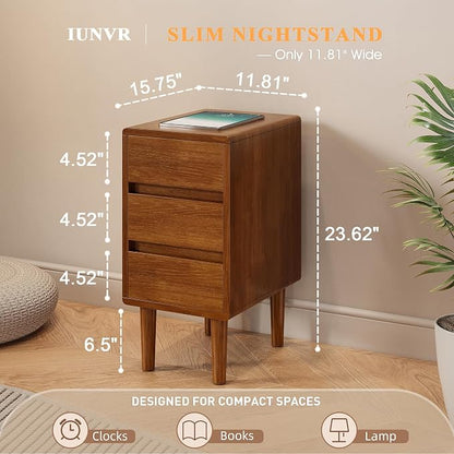 Nightstand with 3 Drawers Narrow Night Stand Solid Wood Bedside Table Mid - Image 2