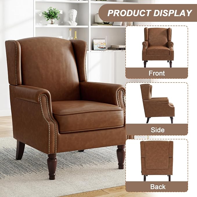 Pia Ricco Set of 2 Faux Leather Accent Chairs, High Back Wingback Armchairs - Image 3