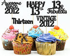 Gyufise 30Pcs Vintage 2012 Cupcake Toppers Glitter Thirteen Happy 13th Cupcake Picks Happy 13th Birthday Cake Decorations for Happy 13th Birthday Anniversary Party Supplies Black