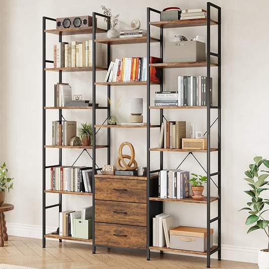 AFLUI Triple Bookshelf with 3 Fabric Drawers, 6-Tier Book Shelf and 10 Display by Unknown