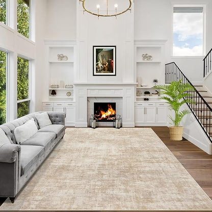 9x12 Area Rugs for Living Room: Washable Abstract Beige Badroom Carpet | by GENTDRIZZ