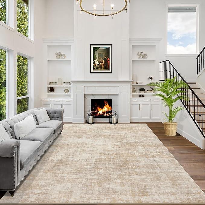 10x14 Area Rugs for Living Room: Washable Abstract Beige Badroom Carpet | by GENTDRIZZ