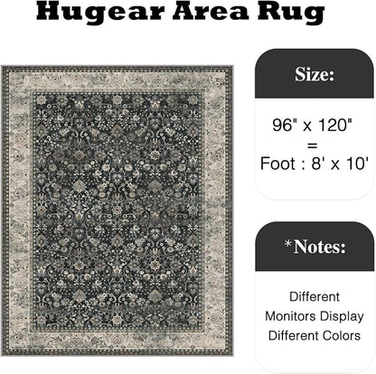 8x10 Black Beige Vintage Floral Washable Area Rug - Image 2