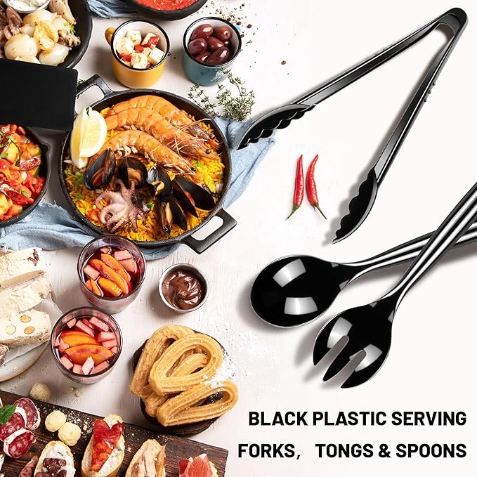 Dualshine 24 Pcs Disposable Black Plastic Serving Utensils,8 Set Including 9.72" Plastic Serving Spoons, Forks and 8.46" Tongs, for Dinner Parties, Buffets,Banquets, Events, Weddings, and Daily Use