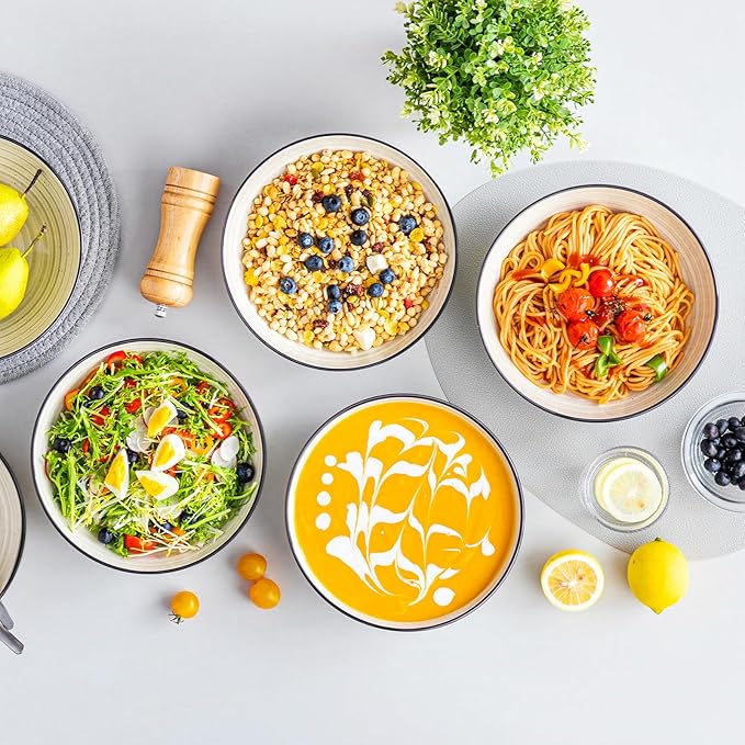 vancasso Bonbon Pasta Bowls Set of 6, 38 Oz Ceramic Salad Bowls, Wide and Shallow Bowls Set, Large Serving Bowls for Kitchen, Beige