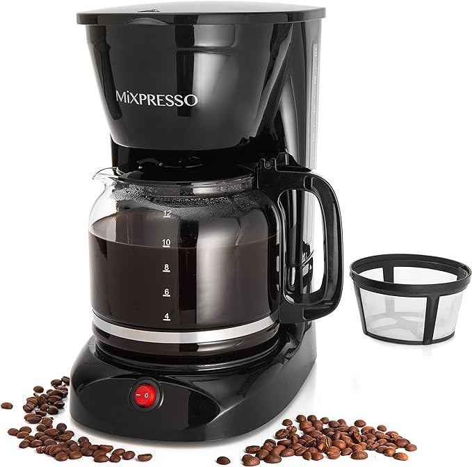 Mixpresso 12 Cup Coffee Pot, Auto-Off & Reusable Filter, Large Drip Coffee Maker 12 Cup Borosilicate Glass Carafe, Anti-Drip Coffee Machine Water Level Window, Black Electric Coffee Maker