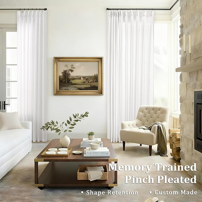 Ivory Pinch Pleated Linen Curtains 96 Inches Long Light Filtering | Semi Sheer， - Image 3