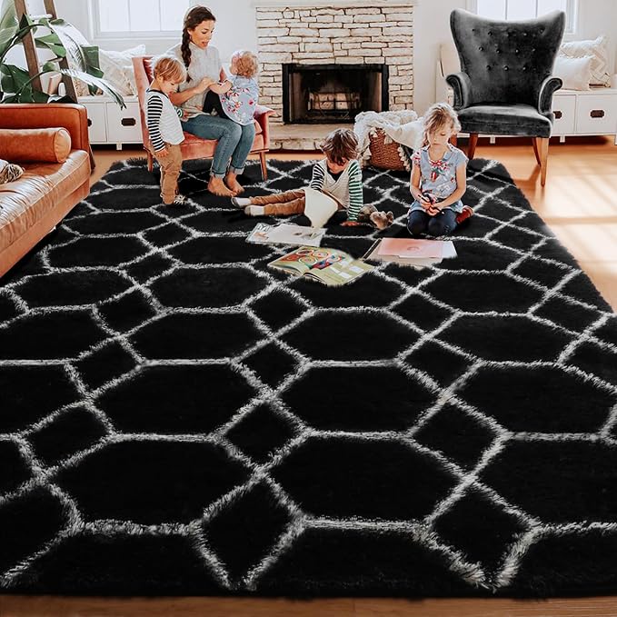 Area Rugs for Living Room, 7x10 Fluffy Black and White Modern Bedroom Rug | - Image 8