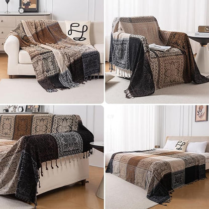 Boho Throw Blanket, Chenille Jacquard Tassels Throw Blankets - Image 2