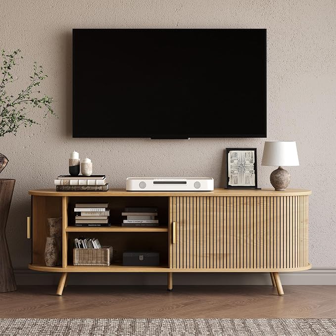 55 inch TV Stand with Power Outlet, Fluted Entertainment Center - Image 8