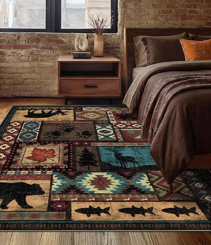 Rustic Cabin Area Rug 4x6, Machine Washable Lodge Bear Rug, Non-Slip Low Pile by YIHOUSE